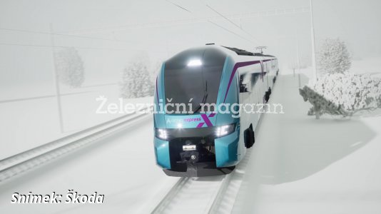 Tyrkysová s fialovou linkou a velkým X - nové jednotky Škoda pro společnost ARRIVA vlaky